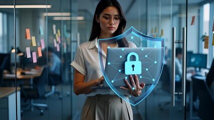 Professional woman walking in a modern office holding a tablet with a glowing blue digital shield and padlock hologram, illustrating cybersecurity and data protection concepts. - Powered by Adobe