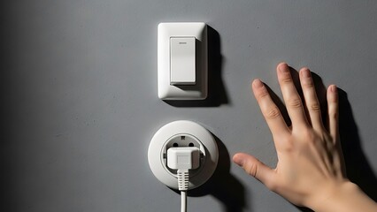 Close-up of a hand reaching towards a light switch and electrical outlet on a gray wall