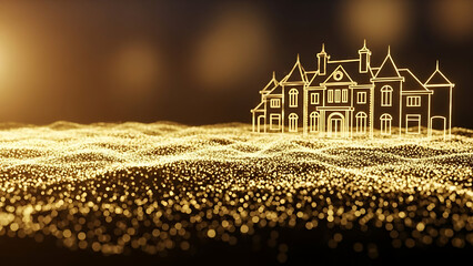 A golden line art castle emerges from a flowing digital network of data streams and glowing particles on a dark background