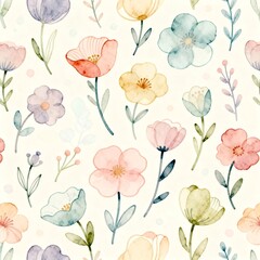Pastel watercolor flower seamless pattern with soft painterly petals, gentle botanical shapes, and airy romantic tones for elegant textile and wallpaper design