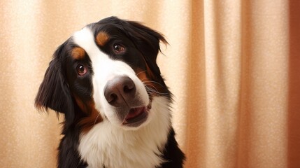 bernese. Portrait of a playful Bernese mountain dog against a simple colored backdrop with directional lighting. wildlife magazines, conservation campaigns, designed for eco-tourism storytelling.