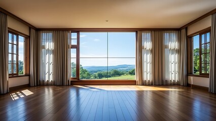 Fototapeta premium Empty square room with Wooden floors and walls Curtains and large windows wide open room There is a large glass window