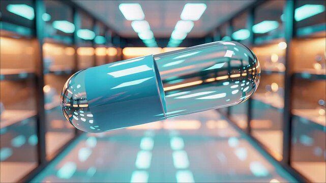Translucent blue and clear pharmaceutical capsule floats in a brightly lit futuristic laboratory setting
