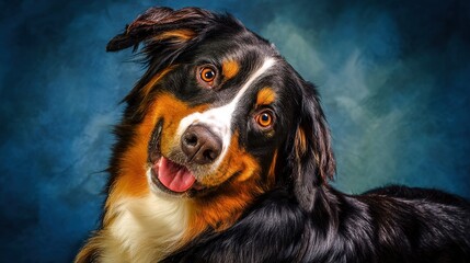bernese. Portrait of a playful Bernese mountain dog against a simple colored backdrop with directional lighting. wildlife magazines, conservation campaigns, designed for eco-tourism storytelling.