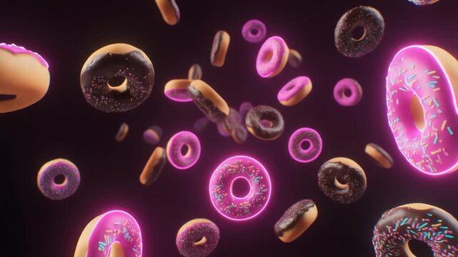 Vibrant floating donuts on a dark background representing fun dessert themes, playful food concepts, and sweet snack creativity. - Powered by Adobe