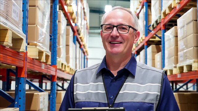 Smiling middle aged warehouse manager wearing glasses and safety vest stands among tall storage racks