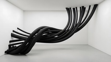 Empty square room with Parallel lines Black plastic tube texture Black curve distorted shape Modern abstract