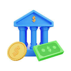 3D Bank Building Icon with Dollar Coin and Cash