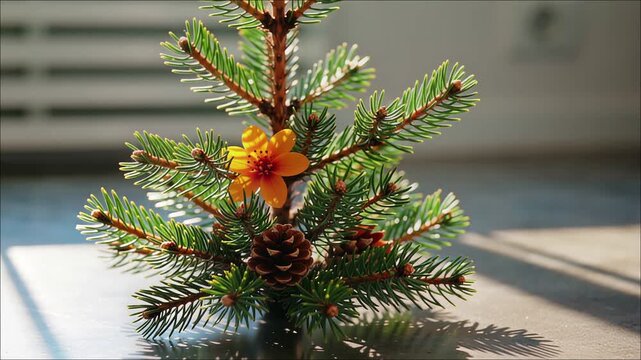 Small evergreen branch with pinecone and orange flower lit by sunlight casting shadows