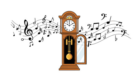 Melodious Grandfather Clock With Flowing Musical Notes, Evoking Harmony and Timekeeping Elegance © Jangkrik