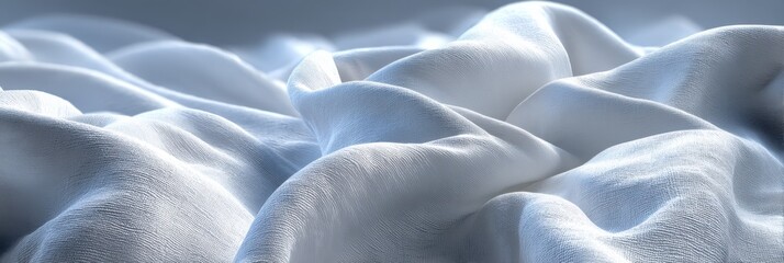 A close-up view of soft, white fabric displaying gentle folds and textures, creating a serene and calming visual effect.