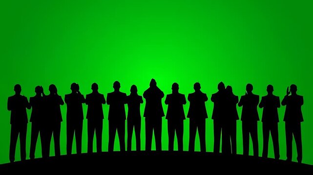 Black silhouettes of a large business group clapping and cheering on a green background, representing corporate success and teamwork