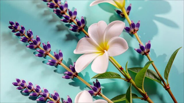 Close up view of white plumeria and developing purple lavender blooms against a turquoise background