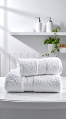 Crisp, clean shot showcasing neatly stacked white towels on a minimalist table, with bath accessories in the background. Natural light