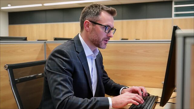Professional businessman wearing glasses works intently on a computer keyboard in a modern office setting