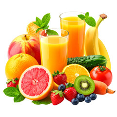 Vibrant Fruit Fiesta: An inviting assortment of fresh, colorful fruits and juice glasses, a celebration of natural flavors and healthy living, perfect for wellness and nutrition themes.