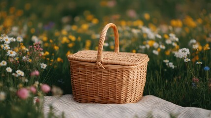 A wicker picnic basket placed on a blanket amidst vibrant wildflowers in a lush green field.