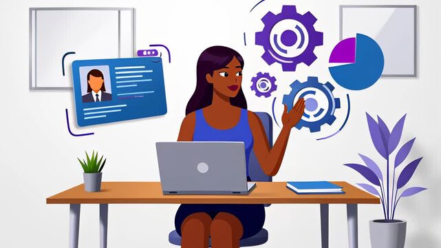 Professional woman managing digital HR profiles and analytics charts via holographic interface in a seamless 2D animation, illustrating business workflow efficiency.