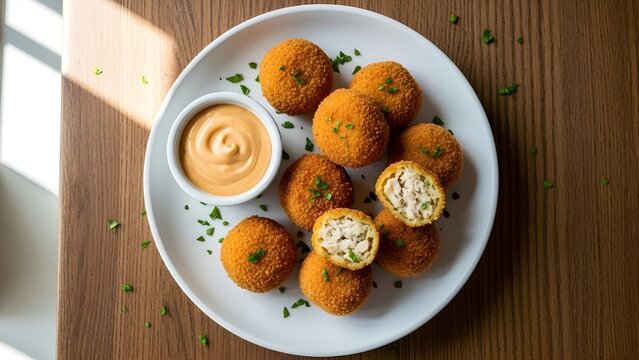 coxinhas arranged neatly on a table with a bowl of dipping sauce beside them. .Concept of gourmet snacks, organized food display, texture detail, and appetizing presentation.