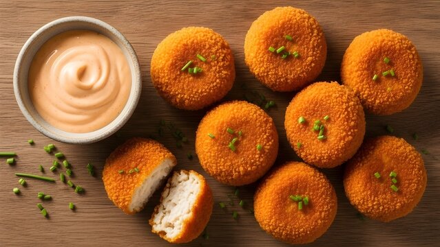 coxinhas arranged neatly on a table with a bowl of dipping sauce beside them. .Concept of gourmet snacks, organized food display, texture detail, and appetizing presentation.