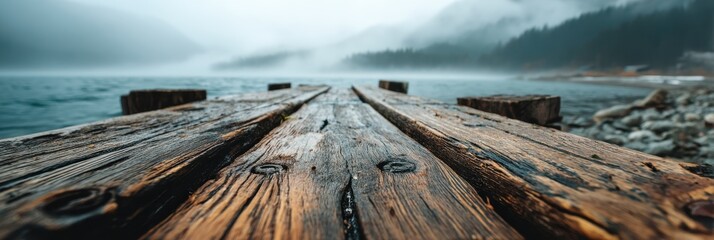 A serene wooden pier extends over a misty lake, surrounded by mountains, creating a tranquil atmosphere.