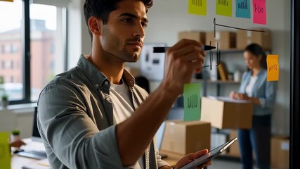Focused businessman writing a planning strategy on a glass wall with sticky notes and a tablet in a modern office, illustrating agile brainstorming concepts.