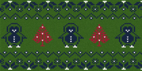 Cozy green knitted holiday pattern featuring dark blue stylized winter characters wearing earmuffs and red christmas trees with white snow isolated on transparent background