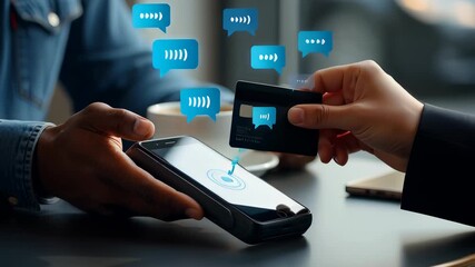 Close up hands performing a contactless payment with a credit card on a POS terminal, overlaid with blue digital communication icons, illustrating secure fintech data transfer concepts. - Powered by Adobe