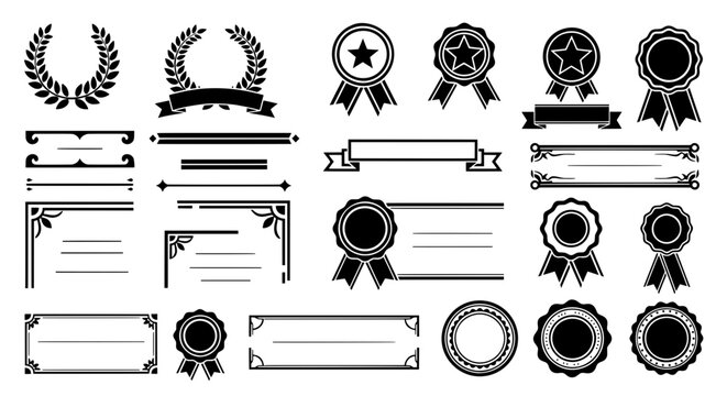 Set of black silhouette certificate frames, decorative text dividers, laurel wreaths and winner medals for diploma or achievement design.