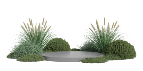 3d rendering of grass and shrub arrangements with podium and plants isolated on transparent background PNG
