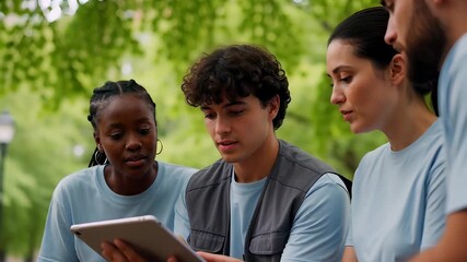 Diverse team of young volunteers discussing plans on a digital tablet in a green park, emphasizing community service and teamwork. - Powered by Adobe