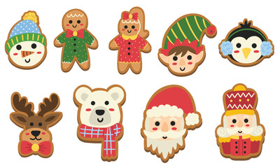 Christmas cartoon characters gingerbread cookies, including Santa Claus, gingerbread man and woman, elf, polar bear, reindeer, penguin and more.