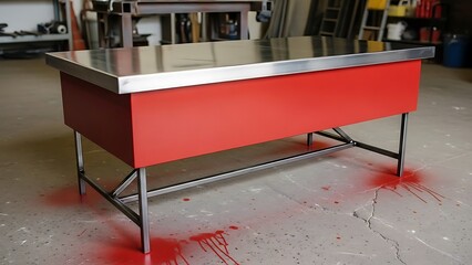 Red Metal Workbench with Stainless Steel Top in a Workshop Setting