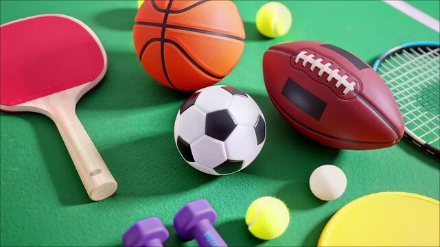 Assortment of sports balls paddles and fitness weights displayed on a green surface