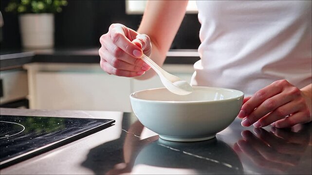 Woman's hands adding powder ingredient from a small spoon into a white bowl on a dark countertop