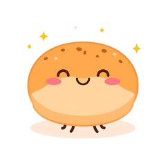 Cute illustration of a happy, toasted bun with rosy cheeks, simple eyes, a smiling mouth, and small feet. Sparkle effects surround the bread