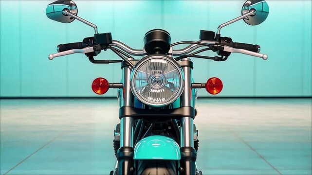 Close up frontal view of a classic style motorcycle headlight handlebars and turn signals