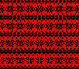 Red and black fair isle knitted seamless pattern with snowflake motifs, traditional nordic winter textile design texture backdrop. isolated on transparent background
