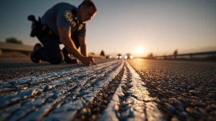 A police officer examines tire tracks on a road during sunset, highlighting the investigative work involved in traffic incidents.