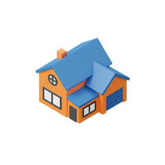 Modern blue-and-orange suburban house with garage and detailed windows, designed in a clean 3D cartoon style for real estate, home living, and property concepts, isolated on a transparent background, 