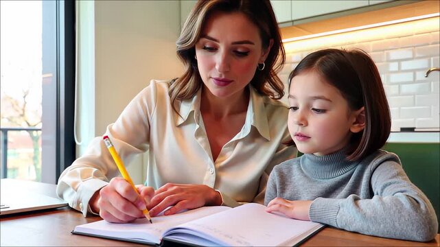 Woman teaching young girl with a yellow pencil writing in an open notebook at a table