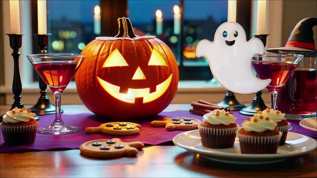 Illuminated carved pumpkin centerpiece with cocktails cupcakes and cookies on a table