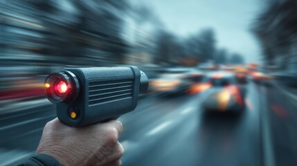 A blurred image showing a hand holding a speed radar gun, capturing speeding cars in motion on a busy road.