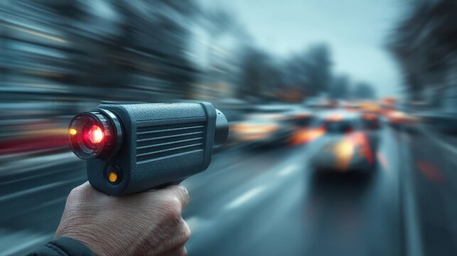 Fototapeta A blurred image showing a hand holding a speed radar gun, capturing speeding cars in motion on a busy road.