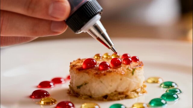 Chef meticulously garnishes a gourmet scallop with vibrant red sauce droplets