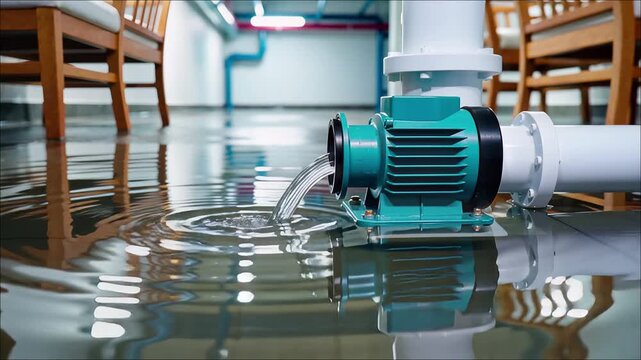 Teal electric water pump leaking into floor water creating ripples near wooden chair legs
