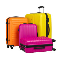 Travel Companions: A collection of vibrant luggage, ready for adventure, features a sleek, hard-shell design and an array of colors, from cheerful orange to bright yellow and bold pink.