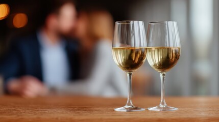 Two glasses of white wine are set on a wooden table, with a blurred romantic couple in the background, creating an intimate atmosphere.