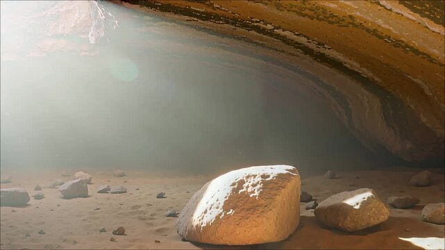 Sunlight streams through a cave opening illuminating sandy floor and scattered boulders within earthy rock formations