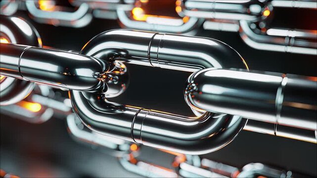 Close up of shiny metallic chain links glowing with internal orange light and dark background